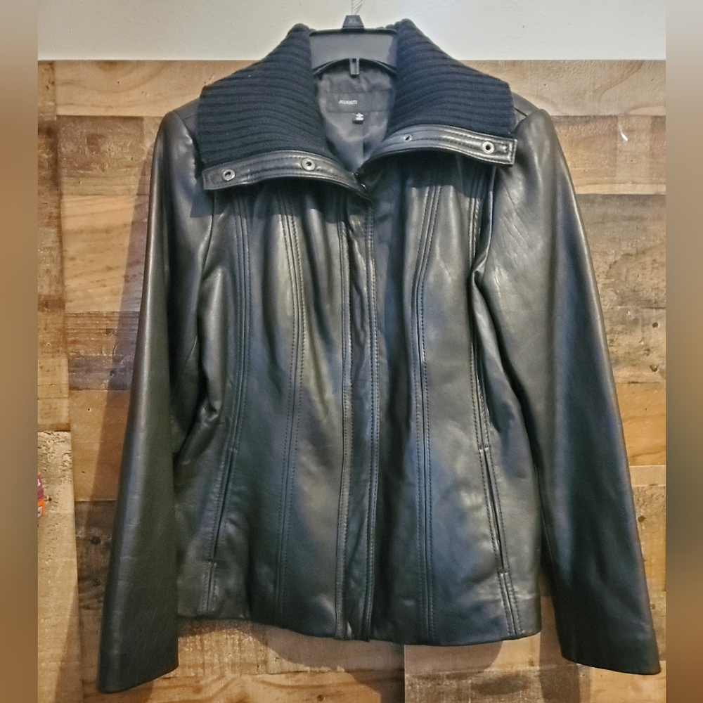 Avanti Womens Black Buttery Soft Leather Zip-up Jacket Lined Knit Collar Size Lg